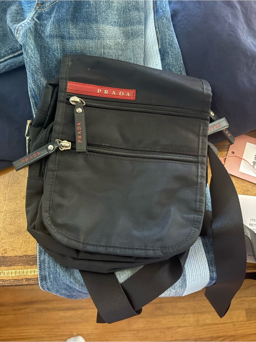Prada Black Nylon Messenger Bag with Red Logo Trim